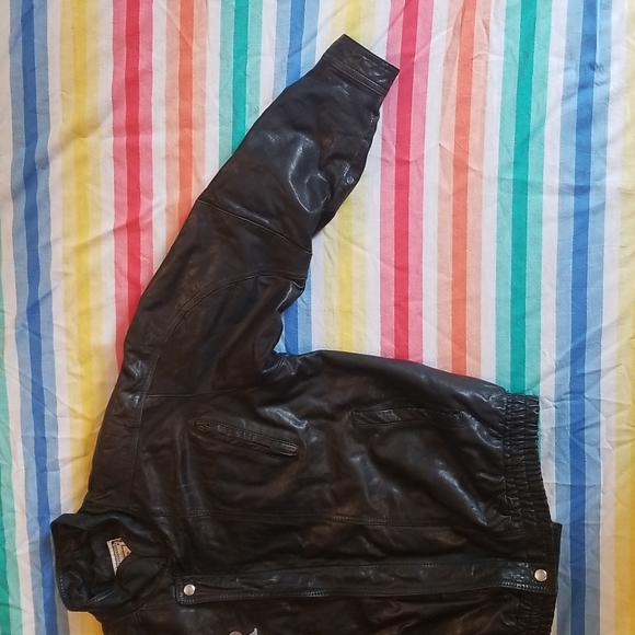 Black Leather Jacket with Embroidered R on Chest - Picture 5 of 12